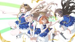  4girls absurdres beret blue_overskirt blue_vest boots braid brown_hair closed_eyes clover_(idolmaster) commentary floating_hair frilled_overskirt grateful_blue_(idolmaster) grin hakozaki_serika hat highres hiromu_(hiromu920142372) holding_hands idolmaster idolmaster_million_live! idolmaster_million_live!_theater_days jumping kitazawa_shiho kousaka_umi lace-up_boots long_hair multiple_girls official_alternate_costume orange_hair overskirt pointing short_hair skirt smile twintails untranslatable_commentary vest white_boots white_hat white_skirt yabuki_kana 