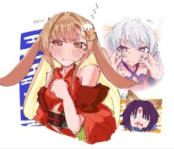  3girls @_@ animal_ears black_hair blonde_hair blood blue_eyes blue_hair cheek_pull cho_kaguya-hime! commentary_request crescent crescent_hair_ornament cropped_torso forehead_jewel fox_ears grey_hair hair_ornament hair_rings hair_stick halterneck highres jealous kaguya_(cho_kaguya-hime!) long_hair lop_rabbit_ears multicolored_eyes multicolored_hair multiple_girls nosebleed open_mouth orange_eyes pink_hair purple_hair rabbit_ears runami_yachiyo runami_yachiyo_(chibi) sakayori_iroha shichimencho593 short_hair smile tearing_up tongue tongue_out translated two-tone_hair violet_eyes 