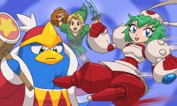  1girl 2boys :d android archdan armor beak belt belt_buckle bird blonde_hair blue_background blue_eyes brown_belt buckle clenched_hands closed_mouth coat commentary crossover english_commentary flying_kick full_body green_hair green_shirt green_tunic hair_between_eyes hammer hat highres holding holding_hammer holding_shield holding_sword holding_weapon instrument joints kicking kirby_(series) link looking_at_viewer mallet marina_liteyears master_sword mechanical_legs medium_hair motion_lines multiple_boys no_feet open_clothes open_mouth pointy_ears robe robot robot_girl robot_joints shield shirt short_hair shoulder_armor skirt smile star_(symbol) super_smash_bros. sweatdrop sword teeth the_legend_of_zelda the_legend_of_zelda:_ocarina_of_time tunic twitter_username upper_teeth_only weapon white_background yuke_yuke!!_trouble_makers 