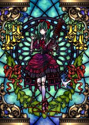  1girl absurdres alternate_costume bird blue_bird bow commentary doll_joints dress english_commentary flower flower_request full_body green_eyes green_hair hair_bow highres holding holding_scissors joints kagiyama_hina long_hair mosaic_art oversized_object puffy_short_sleeves puffy_sleeves red_bow red_dress scissors short_sleeves solo spool tepes017rotten thread touhou yellow_flower 
