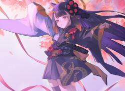  1girl absurdres black_thighhighs blunt_bangs bow center-flap_bangs closed_mouth commentary_request furisode_sleeves gradient_hair grey_socks hair_ornament halo highres hololive hololive_dreams hololive_english japanese_clothes kanzashi kimono kiwwwwwi long_hair multicolored_hair ninomae_ina'nis official_alternate_costume orange_hair pointy_ears purple_hair purple_kimono short_kimono sidelocks single_thighhigh socks solo standing straight_hair tentacle_hair thigh-highs tsumami_kanzashi two-tone_kimono very_long_hair violet_eyes virtual_youtuber waist_bow wide_sleeves 