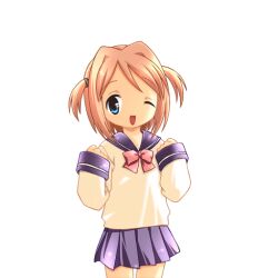 1girl 2000s_(style) :d blue_eyes blue_skirt blush bow brown_hair clenched_hands cowboy_shot game_asset hair_intakes hands_up harukaze_yayoi_(ryoujoku_gakuen) hogeroh large_variant_set long_sleeves miniskirt non-web_source one_eye_closed pink_bow pleated_skirt ryoujoku_gakuen ryoujoku_school_uniform school_uniform self-datamine serafuku simple_background skirt smile solo standing swept_bangs tareme transparent_background two_side_up variant_set 
