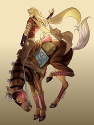  1boy absurdres bandaged_leg bandages beard belt black_bridal_gauntlets blonde_hair bridal_gauntlets brown_hat brown_pants cape cowboy_hat facial_hair gloves goggles goggles_on_headwear green_lips grey_belt gyro_zeppeli hand_up hat highres holding holding_reins holster horse horseback_riding jojo_no_kimyou_na_bouken long_hair male_focus mask pants red_mask red_shirt reins riding saddle saddlebags shirt short_sleeves solo spurs steel_ball_(jojo) steel_ball_run studded_belt unworn_hat unworn_headwear valkyrie_(jojo) yellow_cape yufeia 