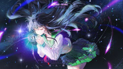  1girl artist_name bent_over black_hair closed_eyes closed_mouth commission floating_hair gem green_sailor_collar green_skirt highres higurashi_kagome interlocked_fingers inuyasha lanme long_hair long_sleeves magic mihuashi_commission miniskirt neckerchief own_hands_together pleated_skirt praying red_neckerchief sailor_collar school_uniform serafuku shirt skirt solo space sparkle star_(sky) watermark white_shirt 