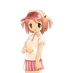  1girl 2000s_(style) blue_eyes blush breasts brown_hair collared_shirt cowboy_shot game_asset hair_intakes harukaze_yayoi_(ryoujoku_gakuen) hogeroh large_variant_set medium_breasts miniskirt non-web_source open_mouth pink_skirt pleated_skirt ryoujoku_gakuen self-datamine shirt short_sleeves simple_background skirt smile solo standing swept_bangs tareme transparent_background two_side_up variant_set visor_cap 