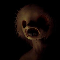  1boy black_background blood blood_from_mouth colored_teeth cracked_skin drooling empty_eyes highres jejejunum male_focus monster_boy nil_(jejejunum) original portrait realistic saliva sharp_teeth solo teeth yellow_fur yellow_teeth 