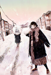  1girl 1other absurdres black_coat black_eyes black_hair brown_shoes building checkered_clothes checkered_scarf checkered_skirt closed_mouth coat full_body highres holding holding_umbrella long_skirt looking_at_viewer mochikimana mountain scarf shoes skirt solo_focus standing sun sunlight sunrise town transparent transparent_umbrella umbrella walking winter winter_clothes 