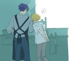  2boys apron blonde_hair commentary_request cooking from_behind gero_hikaru glasses kinosaki_mei kitchen male_focus marriagetoxin multiple_boys musical_note pants shirt short_hair spoken_musical_note standing sweater uxkt2528 white_shirt 