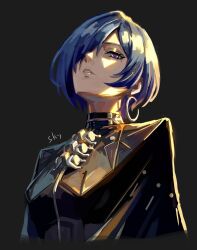  1girl black_background black_cloak blue_hair cloak commentary crescent crescent_earrings cropped_torso earrings hair_over_one_eye highres jewelry looking_at_viewer mole mole_under_eye parted_lips promeia_(zenless_zone_zero) sky_(thelowsky) solo violet_eyes zenless_zone_zero 