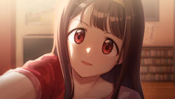  1girl brown_hair commentary_request hairband highres idolmaster idolmaster_million_live! idolmaster_million_live!_theater_days indoors kabedon_on_viewer liselsia long_hair looking_at_viewer open_mouth portrait red_eyes shirt short_sleeves solo tanaka_kotoha 