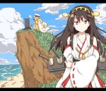  1boy 1girl admiral_(kantai_collection) any_(lucky_denver_mint) bare_shoulders brown_eyes brown_hair clouds detached_sleeves haruna_(kantai_collection) kantai_collection long_hair long_sleeves looking_at_viewer naval_uniform nontraditional_miko ribbon_trim sky wide_sleeves 