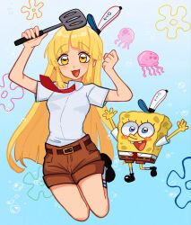  1boy 1girl belt black_shoes blonde_hair blush_stickers breasts brown_belt brown_shorts bubble chupiguaysud collared_shirt floating flower_symbol full_body genderswap genderswap_(mtf) hands_up highres holding holding_spatula jellyfish jumping long_hair necktie nickelodeon open_mouth personification red_necktie shirt shirt_tucked_in shoes short_sleeves shorts sidelocks small_breasts socks spatula spongebob_squarepants spongebob_squarepants_(series) white_shirt white_socks yellow_eyes 