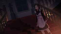  1girl apron black_dress brown_eyes brown_hair closed_mouth commentary_request dress dutch_angle eyepatch holding holding_knife idolmaster idolmaster_million_live! idolmaster_million_live!_theater_days indoors kitazawa_shiho kitazawa_shiho_(depths_of_twilight_maid) knife liselsia long_hair long_sleeves looking_at_viewer maid maid_headdress mansion medical_eyepatch night official_alternate_costume solo stairs standing white_apron 