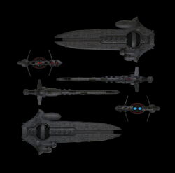  3d advanced_ship_(eve_online) angel_cartel_(eve_online) battlecruiser_(eve_online) black_background cannon commentary concept_art english_commentary eve_online glowing highres military_vehicle minmatar_republic_(eve_online) multiple_views original pirate_faction_(eve_online) realistic science_fiction simple_background spacecraft spacecraft_turret tech_2_ship_(eve_online) thrusters vehicle_focus 