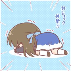  1girl all_fours ass black_shoes blue_background blue_bow blue_dress bow brown_hair chibi commentary_request dress emphasis_lines hair_bow idolmaster idolmaster_cinderella_girls mitarashi_neko polka_dot polka_dot_background shadow shoe_soles shoes socks solo tachibana_arisu translation_request trembling white_socks 