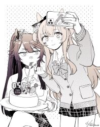  2girls absurdres animal_ears arm_up bandaid bandaid_on_face bandaid_on_nose black_hair bow bracelet cake carrot cellphone collared_shirt commentary_request crossed_legs ear_ornament finger_heart flower food fork hair_flower hair_ornament hands_up happy_birthday high_ponytail highres holding holding_cake holding_food holding_phone horse_ears horse_girl horse_tail jewelry limited_palette long_hair mayano_top_gun_(umamusume) multiple_girls multiple_rings narita_brian_(umamusume) orange_hair phone plaid_clothes plaid_skirt ponytail ring rope selfie shimenawa shirt signature skirt sweater_vest tail twitter_username umamusume utensil_in_mouth yonu_(yonurime) 