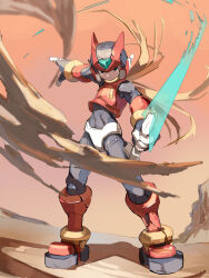  1boy absurdres armor battle_damage blonde_hair commentary_request desert energy_sword forehead_jewel full_body helmet highres holding holding_sword holding_weapon long_hair mega_man_(series) mega_man_zero_(series) mega_man_zero_2 omochi_(mochi_skymega) red_armor red_helmet solo sword weapon z_saber zero(z)_(mega_man) zero_(mega_man) 