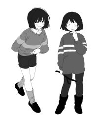  2others arm_behind_back boots chara_(undertale) closed_eyes collared_shirt double_horizontal_stripe frisk_(undertale) highres holding holding_stick ktea_(kttt186) multiple_others other_focus pantyhose romper shirt short_hair single_horizontal_stripe socks stick striped_clothes striped_sweater sweater undertale utdr_(toby_fox) 