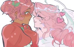  2girls braid bun_with_braided_base closed_eyes commentary cookie_run cookie_run:_kingdom dark-skinned_female dark_skin dress eternal_sugar_cookie hair_bun hair_ornament halo heart hollyberry_cookie humanization leaf_hair_ornament long_hair multiple_girls pink_eyes pink_hair red_dress saku76p smile white_wings wings yuri 