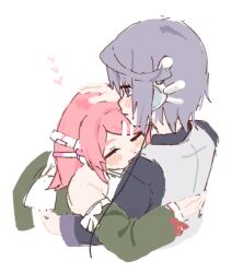  2girls 522_2536 black_shirt blush_stickers dress green_dress happy hug missing_headwear momone_momo multiple_girls pink_hair purple_hair robot_ears shirt utane_uta utau vest violet_eyes 