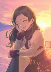  1girl against_railing backlighting brown_hair closed_eyes earrings frilled_sleeves frills highres idolmaster idolmaster_million_live! idolmaster_million_live!_theater_days jacket jewelry juliet_sleeves kitazawa_shiho long_hair long_sleeves nyozuki_(trid) ocean official_alternate_costume open_mouth outdoors puffy_sleeves purple_shirt railing shirt smile solo standing sunset turtleneck turtleneck_shirt twitter_username white_jacket 