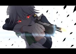  1girl absurdres apron ascot blue_dress bow braid commentary_request dress eye_trail firing green_ascot green_bow grey_hair gun handgun highres holding holding_gun holding_weapon izayoi_sakuya letterboxed light_trail long_sleeves maid maid_apron maid_headdress red_eyes satsuki_koyomi solo touhou twin_braids upper_body weapon weapon_request white_apron 