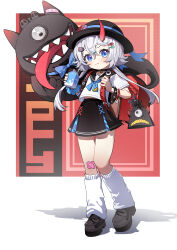  1girl absurdres alternate_costume backpack bag black_choker black_hat black_shoes black_skirt blue_eyes choker closed_mouth commentary_request drink_carton grey_hair hat highres holding holding_drink_carton holding_milk_carton horns looking_at_viewer milk_carton myuga66666 neverness_to_everness randoseru red_bag sakiri_(neverness_to_everness) shoes short_hair short_hair_with_long_locks sidelocks single_horn skirt socks solo white_background white_socks 