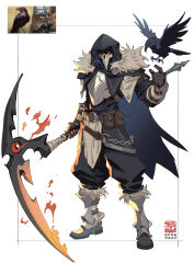  1other absurdres animal_skull arm_guards armor artist_logo belt belt_pouch bird black_boots black_cloak black_pants black_shirt boots breastplate brown_belt brown_gloves chain cloak commentary crow dated fire flaming_weapon full_body fur-trimmed_boots fur-trimmed_cloak fur_trim gloves greaves highres holding holding_scythe hood hood_up hooded_cloak inset_border julian_futanto logo looking_at_viewer original other_focus pants photo_inset pouch red_eyes reference_inset scythe shirt solo standing untranslatable_commentary weapon 