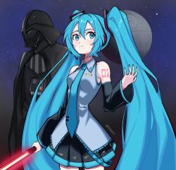  1boy 1girl absurdres aqua_eyes aqua_hair aqua_nails aqua_necktie arm_up armor black_armor black_bodysuit black_cape black_skirt black_sleeves blue_eyes blue_hair bodysuit breasts cape closed_mouth collared_shirt cowboy_shot crossover darth_vader death_star detached_sleeves double-parted_bangs energy_sword english_commentary frilled_shirt frills grey_shirt hatsune_miku helmet highres holding holding_sword holding_weapon ksayyn lightsaber looking_to_the_side miniskirt nail_polish necktie number_tattoo outdoors parted_lips pleated_skirt red_lightsaber science_fiction shirt sith skirt sky small_breasts standing star_(sky) star_wars starry_sky sword tattoo tie_clip twintails vocaloid weapon 