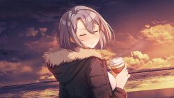  1girl breasts closed_eyes closed_mouth clouds cloudy_sky drink game_asset hair_between_eyes happiness_double_room highres holding holding_drink jacket long_hair looking_at_viewer looking_back minami_(happiness_double_room) non-web_source official_art open_clothes open_jacket outdoors purple_hair s.u._(simpleu818) self-datamine sky smile solo sunset variant_set water 