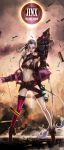 1girl absurdly_long_hair absurdres bandaid bandaid_on_knee belt bikini_top black_gloves blue_hair boots braid bullet character_name duto fingerless_gloves gloves highres jewelry jinx_(league_of_legends) league_of_legends lips long_hair looking_at_viewer midriff navel necklace red_eyes single_thighhigh solo tattoo thighhighs twin_braids very_long_hair weapon wink 