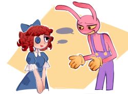 1boy 1girl animal_ears black_eyes blank_speech_bubble blue_bow blue_dress bow button_eyes buttons chinese_commentary colored_sclera colored_teeth commentary_request dress evil_jax_(the_amazing_digital_circus) furry furry_male gloves hair_bow highres mistywine open_mouth overalls purple_overalls rabbit_boy rabbit_ears ragatha_(the_amazing_digital_circus) red_hair short_hair smile speech_bubble the_amazing_digital_circus yellow_gloves yellow_sclera yellow_teeth 