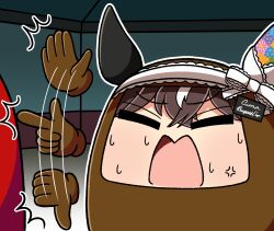  1girl ^^^ absurdres afterimage angry brown_(among_us) brown_hair character_name commentary_request curren_bouquetd'or_(umamusume) floral_print hair_between_eyes highres horse_girl indoors mismatched_ear_covers multicolored_hair pakatube red_(among_us) streaked_hair sweat tanuko_(yu-neko3939) umamusume white_streaks 