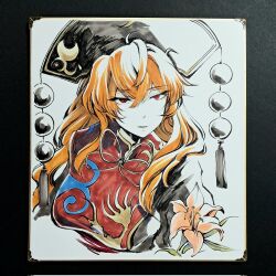  1girl black_dress chinese_clothes commentary_request dalachi_(headdress) dress flower highres junko_(touhou) lily_(flower) long_hair orange_hair red_eyes red_tabard shikishi solo tabard touhou traditional_media tsubameyado 