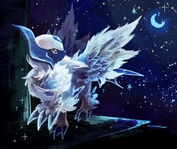  absol claws commentary_request crescent feathered_wings feathers highres horns looking_up mega_absol mega_pokemon moon night no_humans okame_miko open_mouth pokemon pokemon_(creature) pokemon_focus red_eyes sky solo sparkle star_(sky) wings 