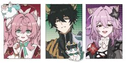  1boy 2girls ^_^ absurdres alternate_form animal_ear_fluff animal_ears animal_nose animalization aqua_bow aqua_bowtie aqua_eyes armor black_dress black_flower black_fur black_shirt blue_eyes blush blush_stickers border bow bowtie bright_pupils cat_ears cat_girl chimera_(honkai:_star_rail) chinese_clothes claws closed_eyes clothing_cutout coat collared_dress commentary covered_collarbone creature crown dan_heng_(honkai:_star_rail) dan_heng_(permansor_terrae)_(honkai:_star_rail) dan_heng_(toasty_dragon)_(honkai:_star_rail) dragon_boy dragon_horns dress drill_hair earclip empty_eyes evernight_(honkai:_star_rail) eyeliner eyepatch fins fish_tail flower flower_ornament gauntlets gradient_background green_background green_eyes hair_flower hair_ornament hairclip half-closed_eyes hand_up hat hat_ornament highres honkai:_star_rail honkai_(series) horns horse_ears horse_tail hyacine_(honkai:_star_rail) kemonomimi_mode lapels little_ica_(honkai:_star_rail) long_hair long_sleeves looking_at_another makeup march_7th_(honkai:_star_rail) medium_hair multiple_girls open_mouth otter_ears outside_border papajay_(jennygin2) pegasus person_and_animalization pet pink_background pink_hair pointy_ears polka_dot polka_dot_background pom_pom_(clothes) pom_pom_hair_ornament puritan_collar purple_background red_dress red_eyeliner red_eyes red_flower red_hat shark_tail shirt shoulder_armor shoulder_cutout sidelocks single_bare_shoulder smile sparkling_eyes tail teeth tongue turtleneck turtleneck_dress twintails two-tone_dress two-tone_fur untranslatable_commentary upper_body wavy_hair white_border white_coat white_dress white_fur white_horns white_pupils wings yellow_pupils zipper 