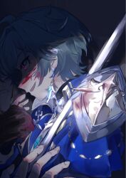  1boy :d ahoge armor belt belt_collar black_belt black_gloves blood blood_on_armor blood_on_face blood_on_gloves blue_shirt choker coat collar collared_shirt commentary_request earrings genshin_impact gloves green_hair grey_background hair_between_eyes highres jewelry lohen_(genshin_impact) long_sleeves looking_ahead male_focus mole mole_under_eye multicolored_eyes parted_lips partially_shaded_face polearm sakukuro_(sakuro396_gr) shirt short_hair shoulder_armor single_earring smile spear upper_body weapon 