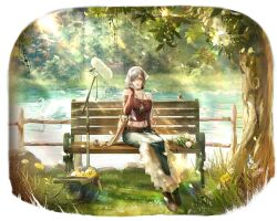  1girl artist_request bag bare_shoulders belt bird black_choker boom_microphone brown_belt brown_shirt brown_shoes chickadee choker daisy_(flower) dandelion denim denim_skirt ducky_(path_to_nowhere) eleven_(path_to_nowhere) flower grass grey_hair hair_over_one_eye headphones headphones_around_neck highres lake long_sleeves midriff mole mole_under_eye monarch_butterfly official_art on_bench outdoors path_to_nowhere railing shirt shoes skirt sun_glare swan tree tripod tulip white_bag white_flower white_skirt white_tulip wind_chime yellow_eyes 