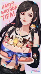  1girl bare_shoulders barret_wallace biggs_(ff7) birthday birthday_cake black_gloves black_hair black_skirt blonde_hair blue_eyes blue_ribbon brown_hair buster_sword cake character_name chinese_commentary chocobo closed_mouth cloud_strife collarbone commentary_request confetti crop_top dated earrings elbow_gloves final_fantasy final_fantasy_vii final_fantasy_vii_remake food gloves happy_birthday headband janeccxtifa jessie_rasberry jewelry lips long_hair looking_at_viewer midriff mini_person miniboy minigirl on_shoulder red_eyes red_headband ribbon sitting skirt sparkle suspender_skirt suspenders sword sword_on_back tank_top tifa_lockhart upper_body weapon weapon_on_back wedge_(ff7) white_tank_top 