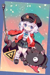  1girl beret black_hat black_shoes black_skirt blue_eyes cardigan closed_mouth commentary_request hat highres holding holding_road_sign horns leg_warmers looking_at_viewer neverness_to_everness red_cardigan road_sign sakiri_(neverness_to_everness) shirt shoes short_hair short_hair_with_long_locks sidelocks sign single_horn skirt solo white_leg_warmers white_shirt yoshi_(crossmind) 
