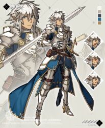  1boy angry armor artist_logo belt_pouch black_gloves blue_eyes blue_tabard blush bob_cut breastplate closed_mouth color_guide commentary_request commission couter cuirass dark-skinned_male dark_elf dark_skin double-parted_bangs elf embarrassed faulds full_body gloves gorget greaves hair_between_eyes holding holding_sword holding_weapon kashia knight logo looking_at_viewer male_focus multiple_expressions open_mouth original pauldrons plate_armor pointy_ears poleyn pouch projected_inset reference_sheet rerebrace sabaton short_hair shoulder_armor solo standing surprised sweatdrop sword tabard tassets tsurime twitter_username vambraces variations watermark weapon white_hair 