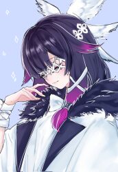  1girl black_hair blue_background closed_eyes closed_mouth coat columbina_(genshin_impact) commentary_request eye_mask fatui_coat from_side fur-trimmed_coat fur_trim genshin_impact hair_ornament hair_ribbon hand_up head_wings highres long_hair mask multicolored_hair multiple_wings purple_hair purple_streaks ribbon simple_background smile solo streaked_hair taro_imo_p two-tone_hair white_wings wing_hair_ornament wings 