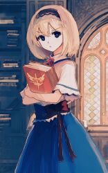  1girl alice_margatroid blonde_hair blue_dress blue_eyes book book_stack bookshelf capelet commentary cowboy_shot dress english_commentary hair_between_eyes hairband highres holding holding_book indoors irumina777 lolita_hairband looking_at_viewer medium_hair parted_lips puffy_short_sleeves puffy_sleeves red_hairband ribbon sash short_sleeves solo standing touhou white_capelet window 