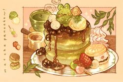  commentary cream cup dango english_commentary food food_focus fruit green_tea highres ice_cream in_food leaf matcha_(food) mooncake nao_(bestrollever) no_humans nut_(food) original pancake pancake_stack plate rabbit sanshoku_dango sparkle sparkling_aura strawberry syrup syrup_dispenser tea wagashi yunomi 