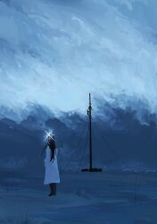  1girl absurdres baseball_cap black_hair blue_archive boots cable cloak clouds commentary from_behind glowing glowing_halo halo hat highres kani_etizen03 long_hair looking_to_the_side off_shoulder ruins saori_(blue_archive) scenery sky solo standing utility_pole white_cloak 