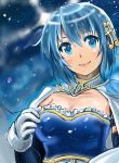  1girl armband blue_eyes blue_hair breasts cape cleavage collarbone duralu500 gloves hair_ornament hairclip highres magical_girl mahou_shoujo_madoka_magica mahou_shoujo_madoka_magica_movie miki_sayaka short_hair smile solo 