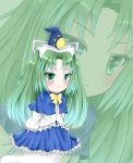  bow capelet chibi ghost_tail green_eyes green_hair hat highres layered_dress long_sleeves looking_at_viewer mima puffy_sleeves touhou touhou_(pc-98) wizard_hat xue_ye zoom_layer 