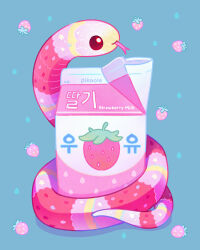  alt_text animal animal_focus commentary drink_carton english_commentary food forked_tongue from_side fruit full_body korean_text milk_carton no_humans original pikaole pink_snake profile snake strawberry strawberry_milk tongue tongue_out 