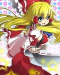  1girl alternate_hair_color aqua_eyes blonde_hair bow breasts detached_sleeves dress hair_bow hair_tubes hakurei_reimu large_breasts long_hair long_sleeves looking_at_viewer open_mouth red_dress smile solo spell_card star touhou turning umigarasu_(kitsune1963) very_long_hair wide_sleeves 