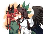  animal_ears bird_wings black_legwear blush bow braid brown_hair cape cat_ears closed_eyes dress extra_ears green_dress hair_bow highres juliet_sleeves kiss long_sleeves pink_eyes pointy_ears puffy_sleeves redhead serio_(columns) shirt short_sleeves skirt third_eye touhou twin_braids yuri 